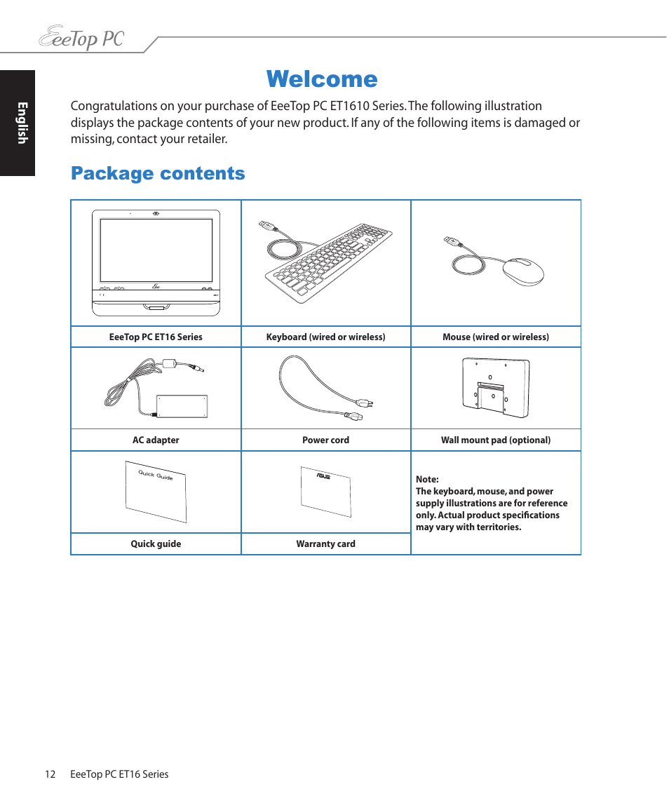 Welcome, Package contents | Asus ET1610PT User Manual | Page 12 / 36