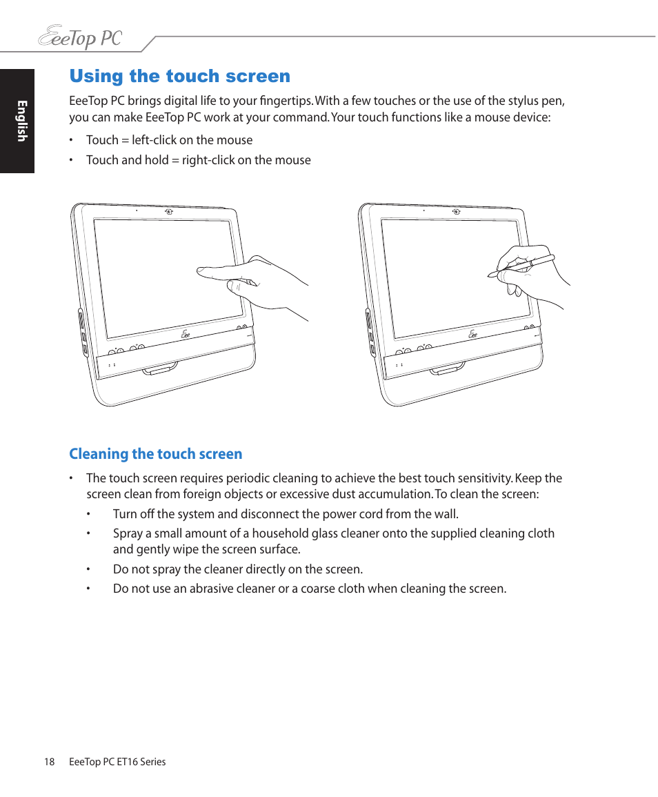 Using the touch screen, Cleaning the touch screen | Asus ET1610PT User Manual | Page 18 / 36