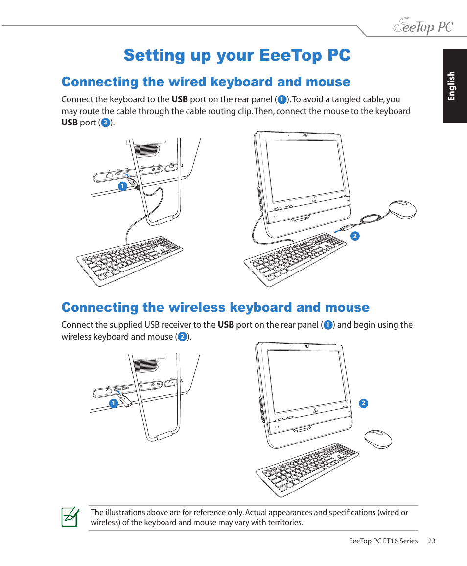 Setting up your eeetop pc, Connecting the wired keyboard and mouse, Connecting the wireless keyboard and mouse | Asus ET1610PT User Manual | Page 23 / 36