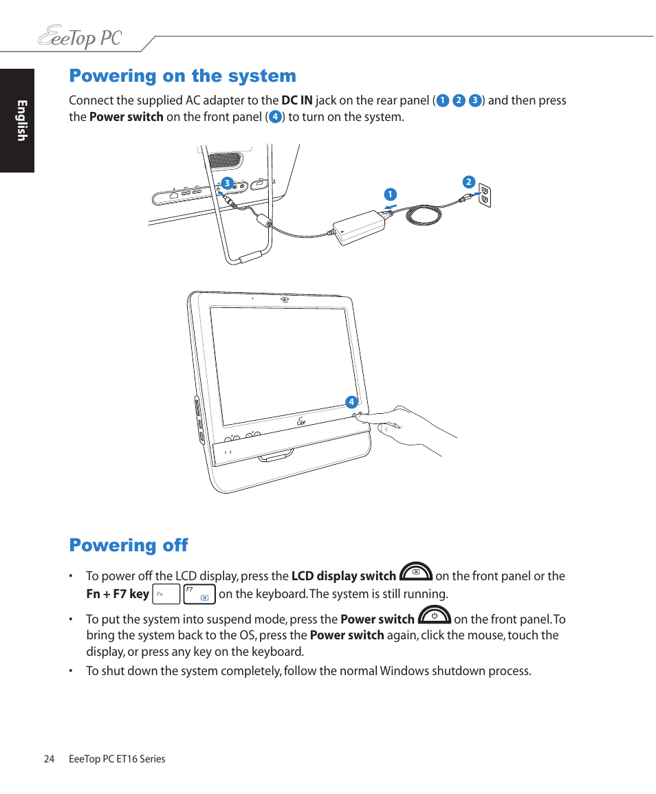 Powering on the system, Powering off, Powering on the system powering off | Asus ET1610PT User Manual | Page 24 / 36