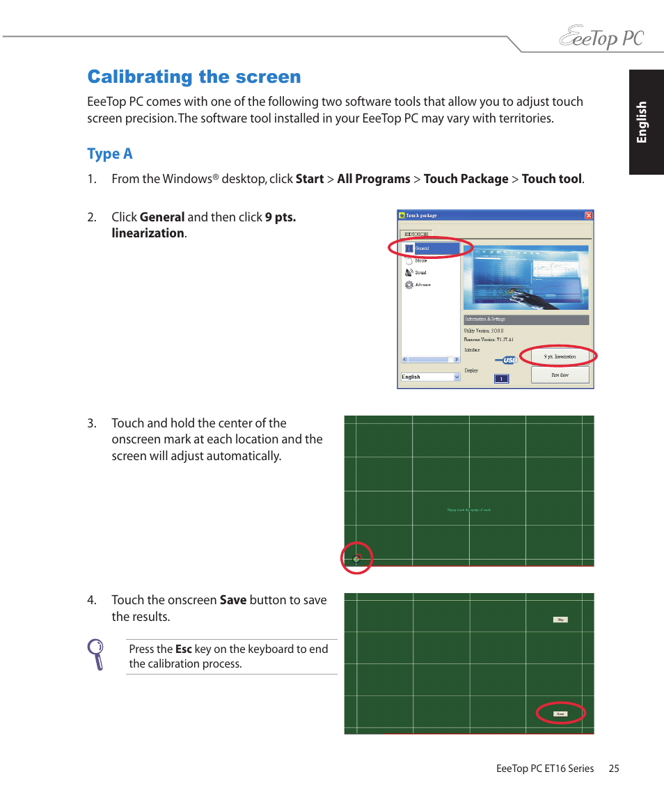 Calibrating the screen, Type a | Asus ET1610PT User Manual | Page 25 / 36