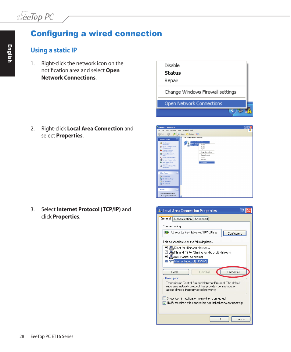 Configuring a wired connection, Using a static ip | Asus ET1610PT User Manual | Page 28 / 36