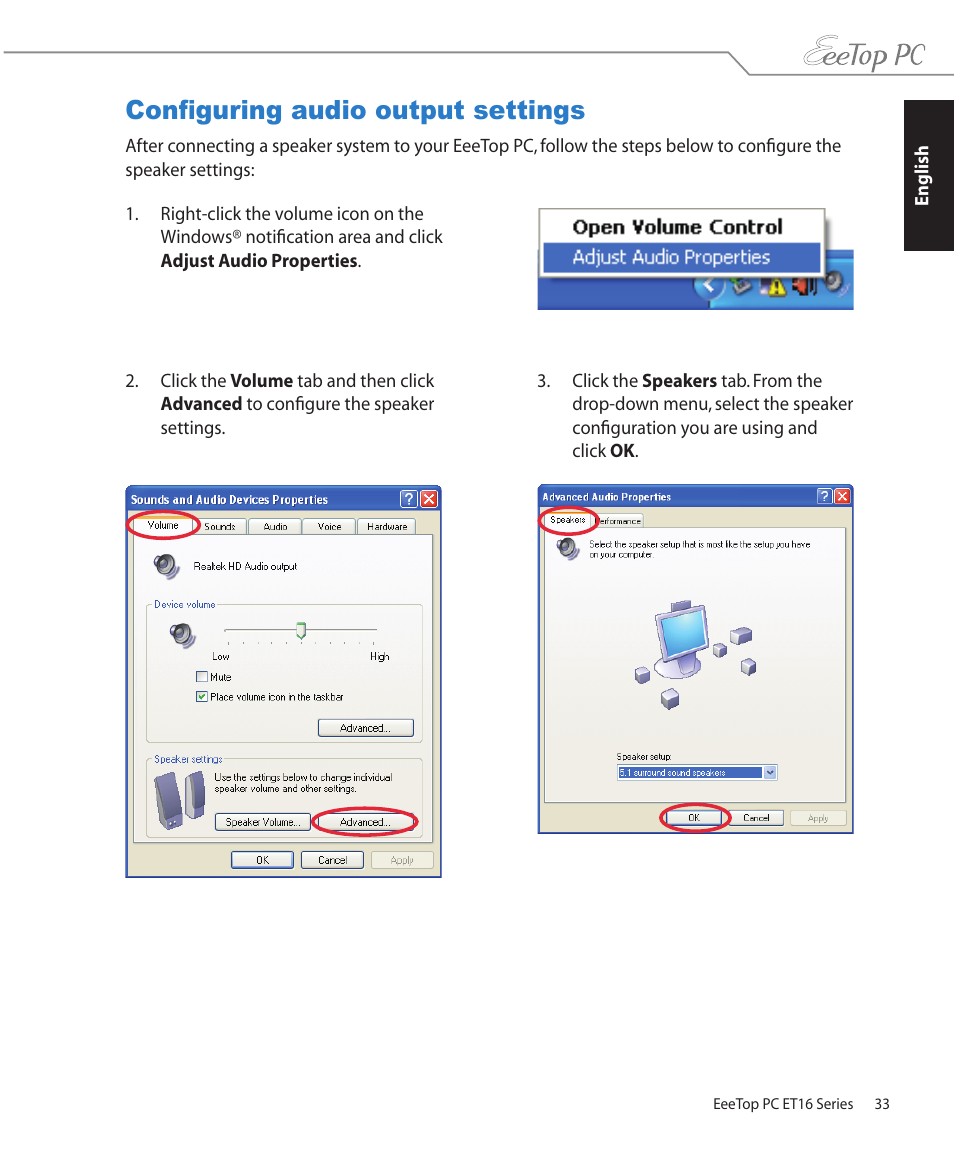 Configuring audio output settings | Asus ET1610PT User Manual | Page 33 / 36