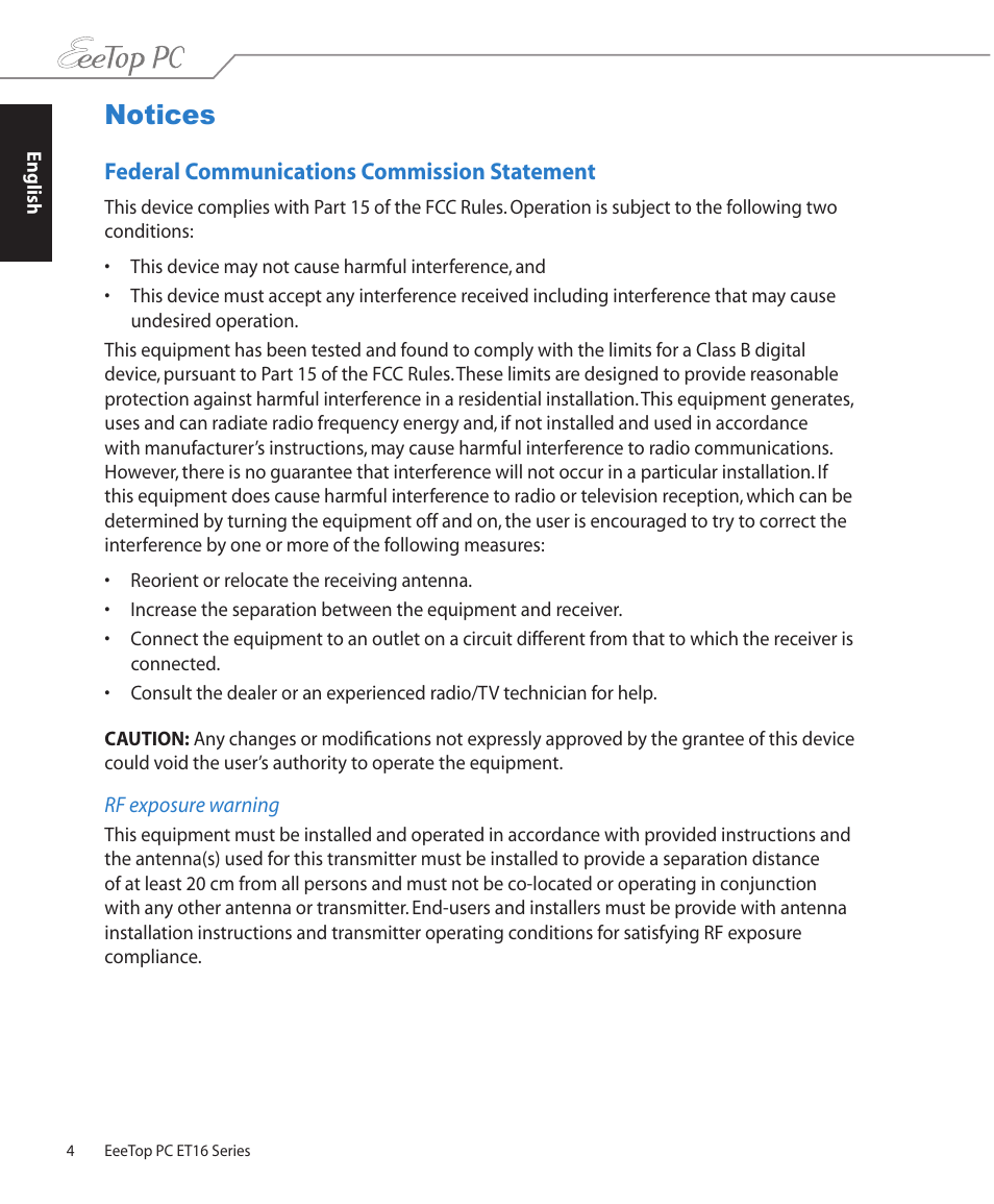 Notices, Federal communications commission statement | Asus ET1610PT User Manual | Page 4 / 36