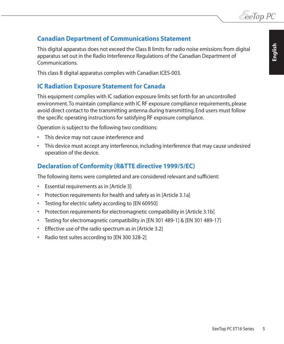 Canadian department of communications statement, Ic radiation exposure statement for canada | Asus ET1610PT User Manual | Page 5 / 36