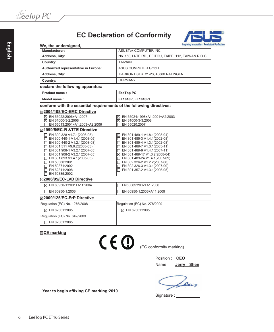 Ec declaration of conformity, English | Asus ET1610PT User Manual | Page 6 / 36