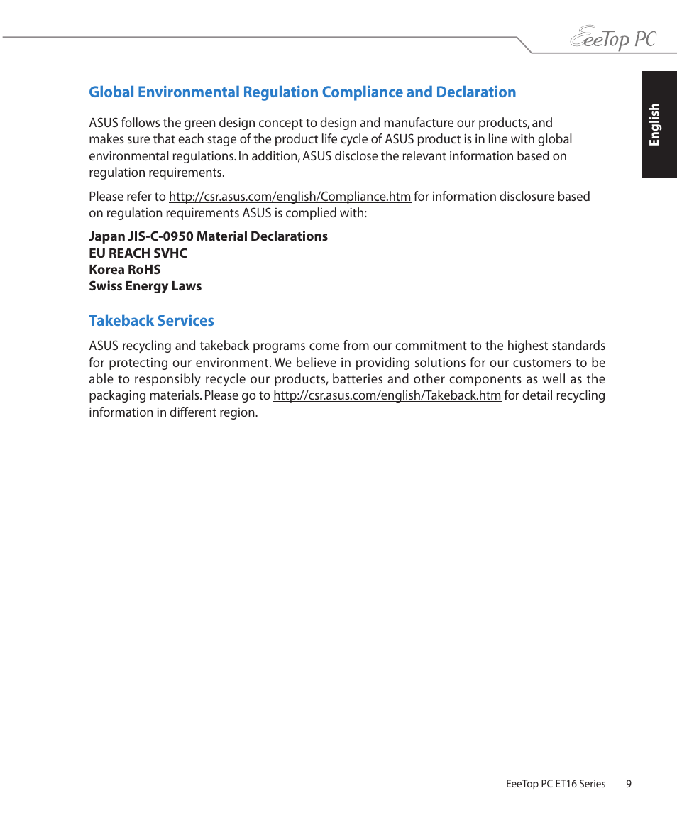 Takeback services | Asus ET1610PT User Manual | Page 9 / 36