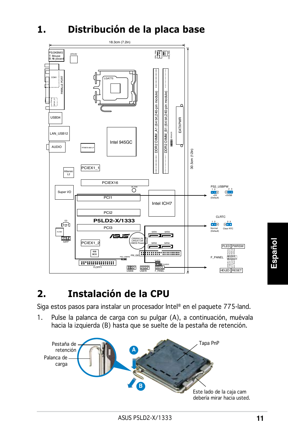 Español, Siga estos pasos para instalar un procesador intel, Ab b | Intel 945gc | Asus P5LD2-X/1333 User Manual | Page 11 / 38