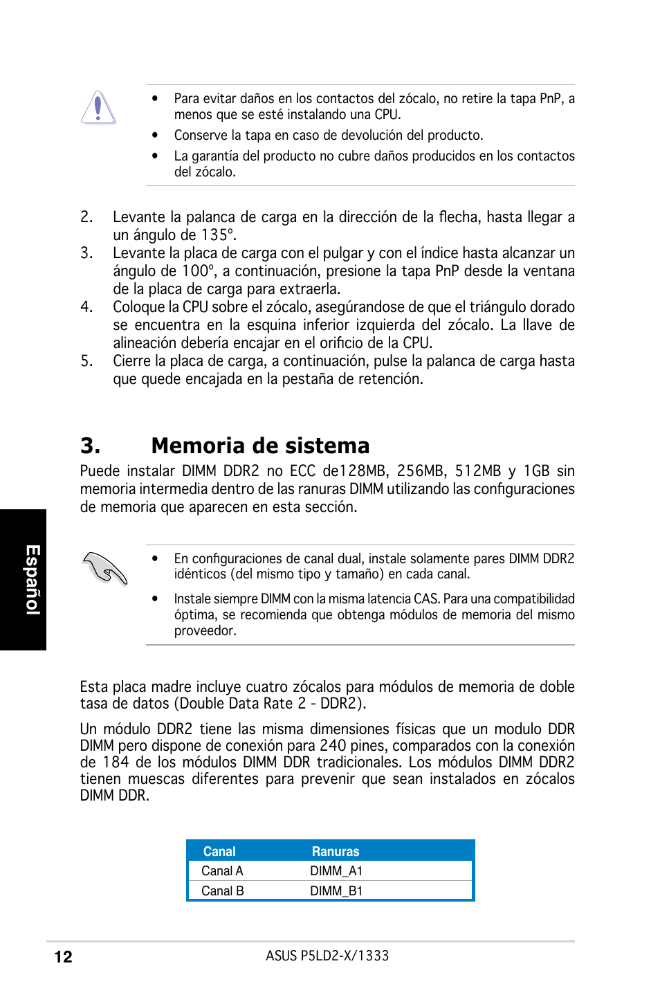 Español | Asus P5LD2-X/1333 User Manual | Page 12 / 38