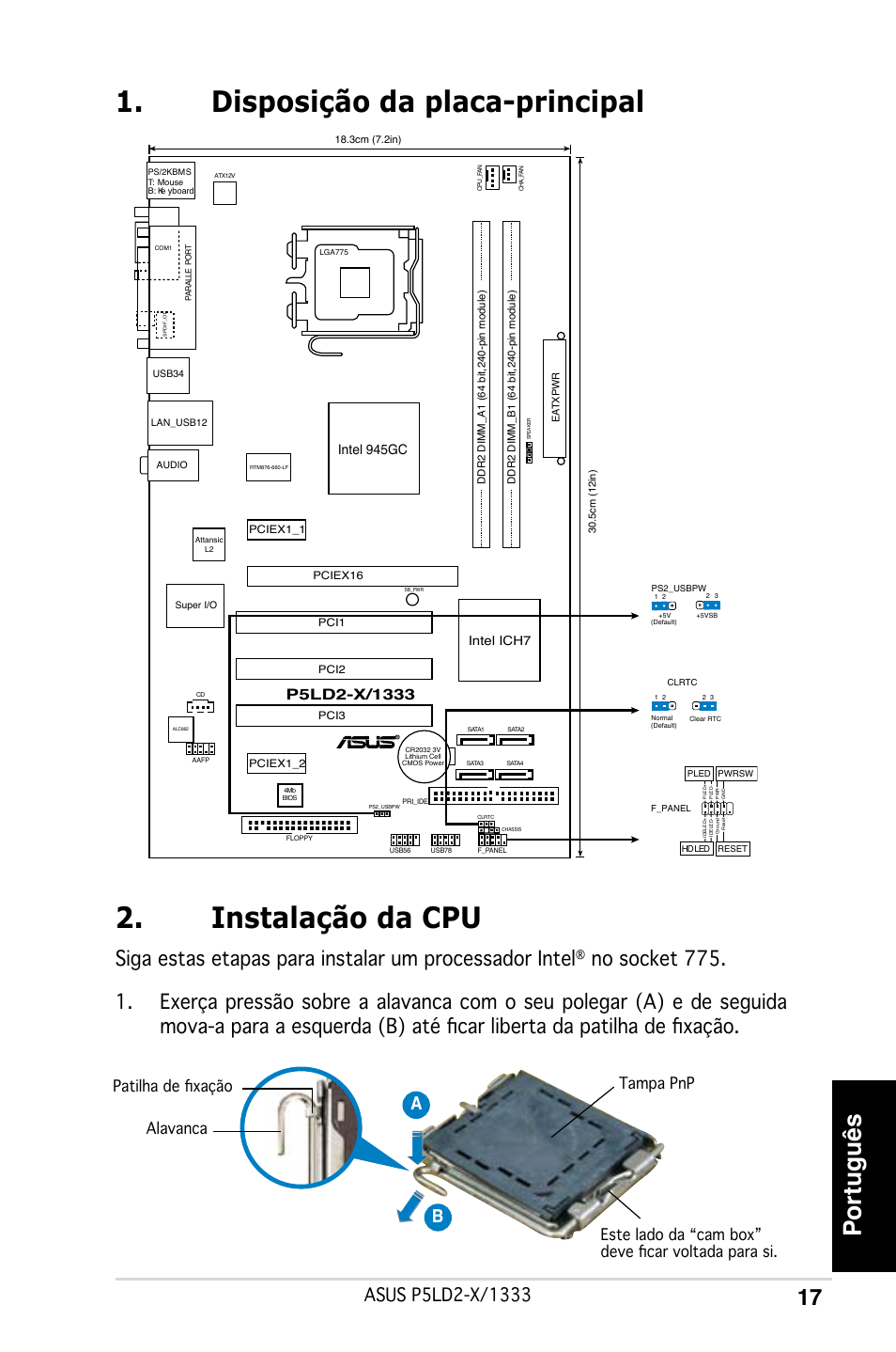 Disposição da placa-principal 2. instalação da cpu, Português, Ab b | Intel 945gc | Asus P5LD2-X/1333 User Manual | Page 17 / 38