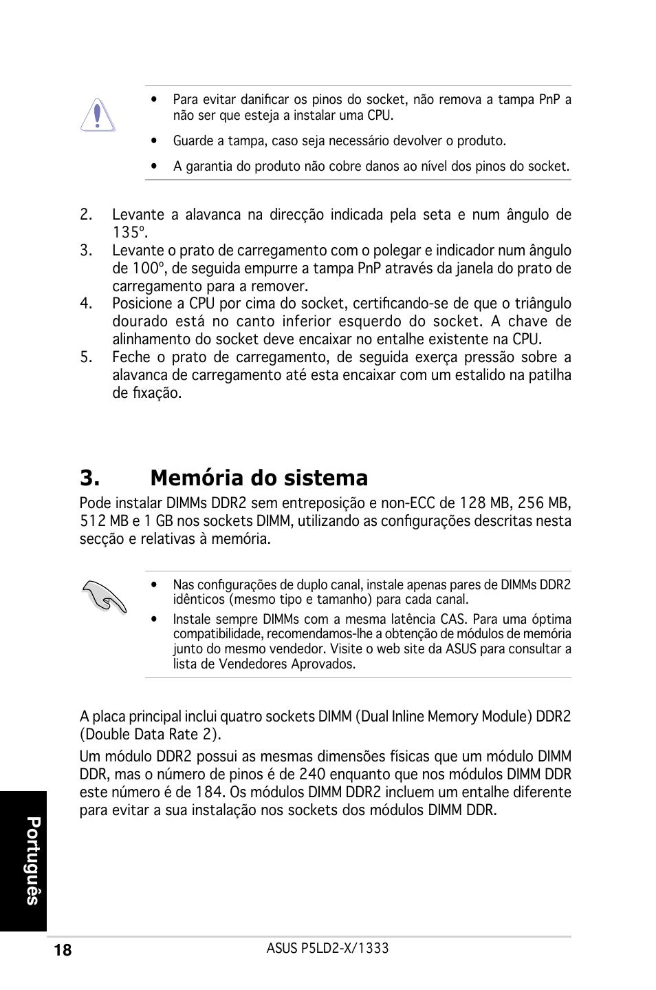 Memória do sistema, Português | Asus P5LD2-X/1333 User Manual | Page 18 / 38