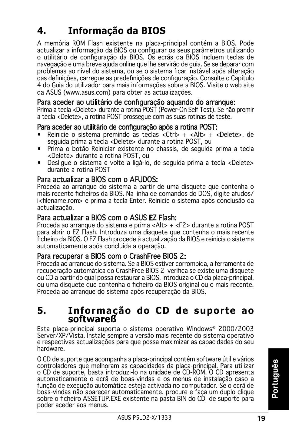 Informação da bios, Informação do cd de suporte ao softwareß, Português | Asus P5LD2-X/1333 User Manual | Page 19 / 38