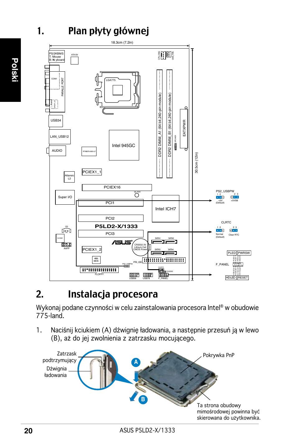 Plan płyty głównej 2. instalacja procesora, Polski, Ab b | Intel 945gc | Asus P5LD2-X/1333 User Manual | Page 20 / 38