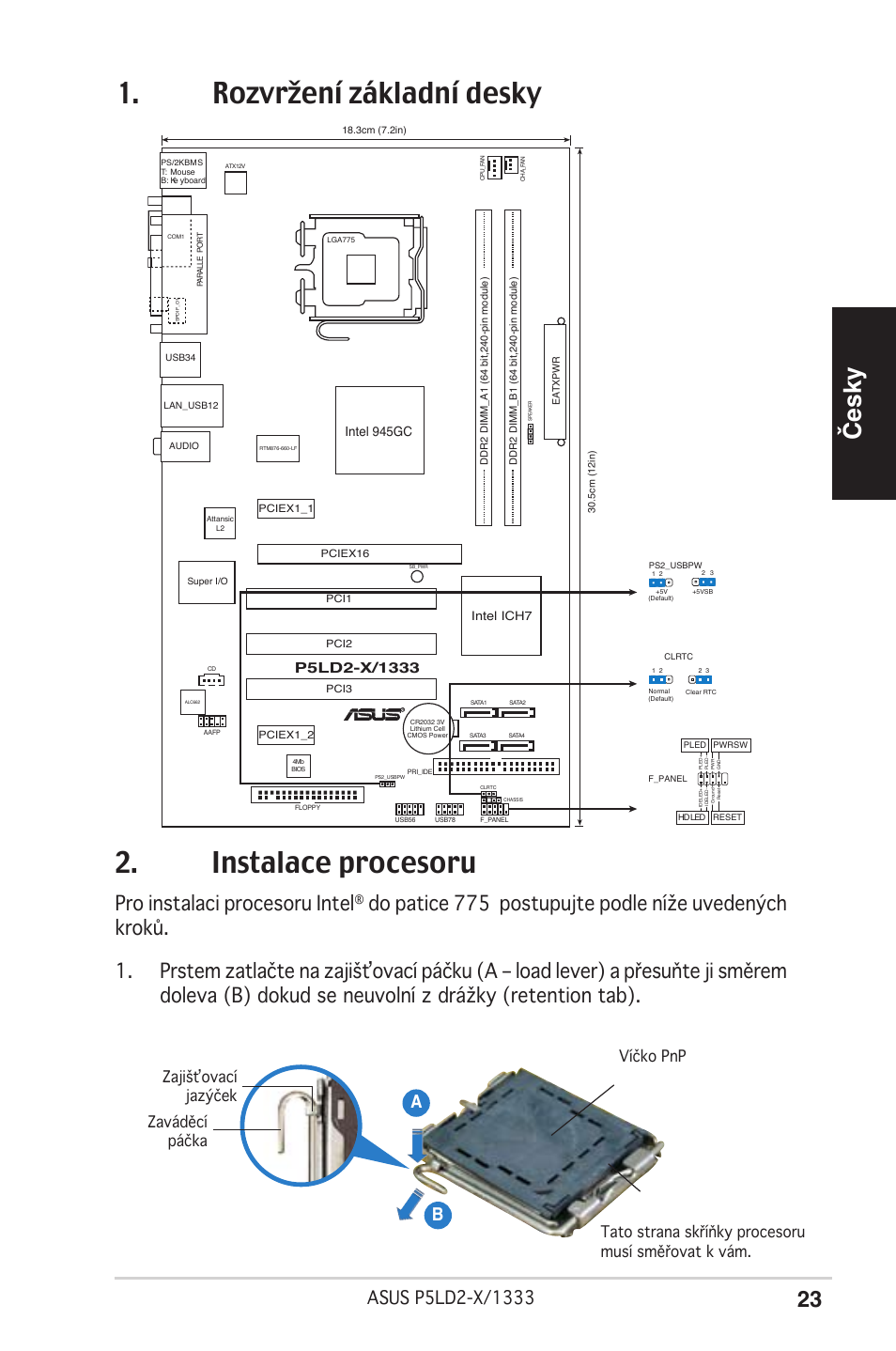 Rozvržení základní desky 2. instalace procesoru, Česky, Pro instalaci procesoru intel | Ab b, Intel 945gc | Asus P5LD2-X/1333 User Manual | Page 23 / 38
