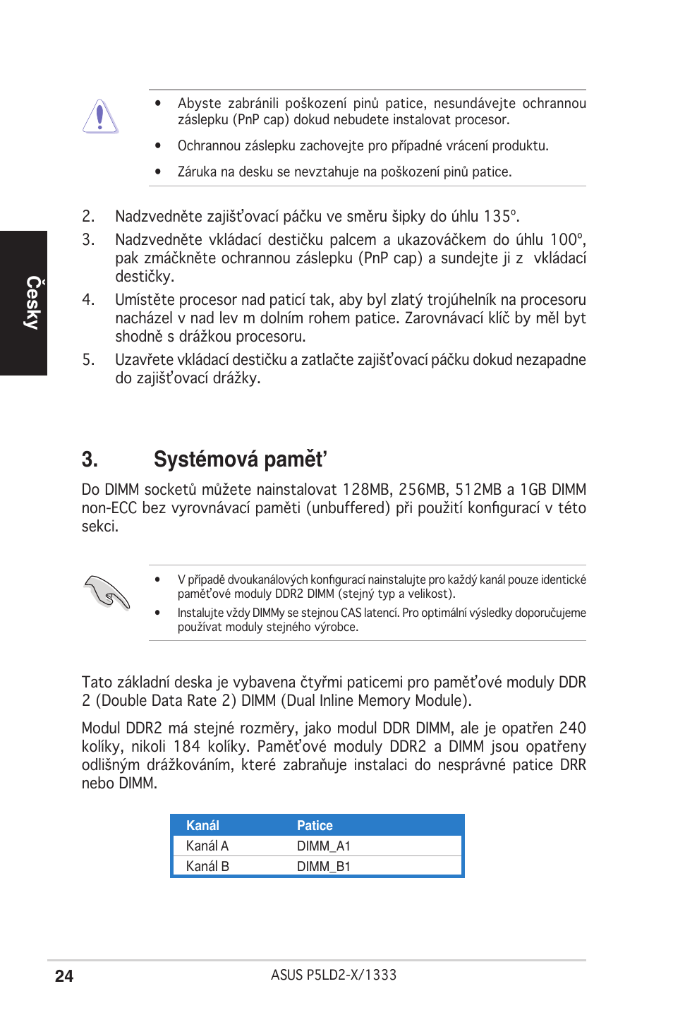 Systémová pamět, Česky | Asus P5LD2-X/1333 User Manual | Page 24 / 38