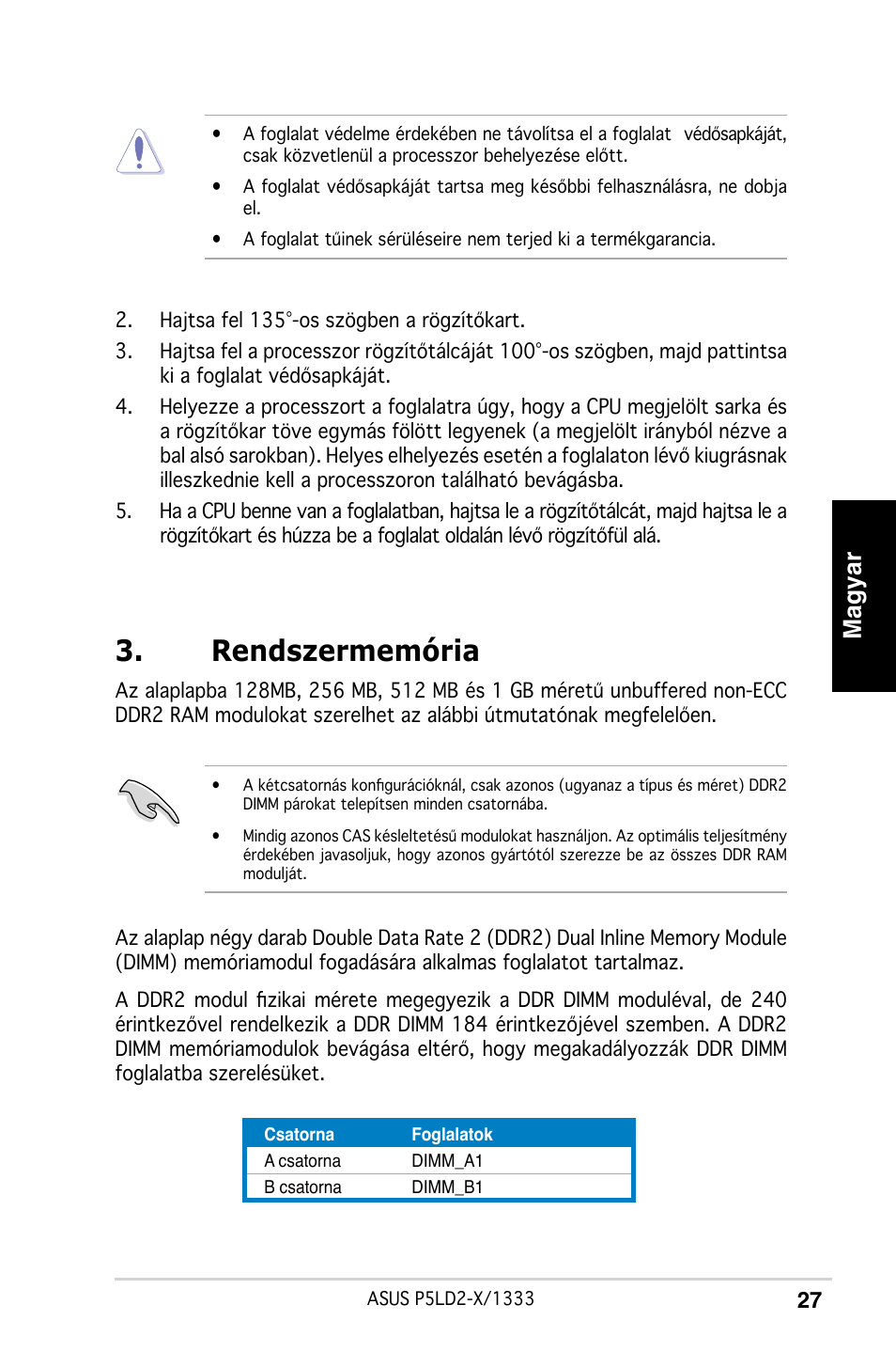 Rendszermemória, Magyar | Asus P5LD2-X/1333 User Manual | Page 27 / 38