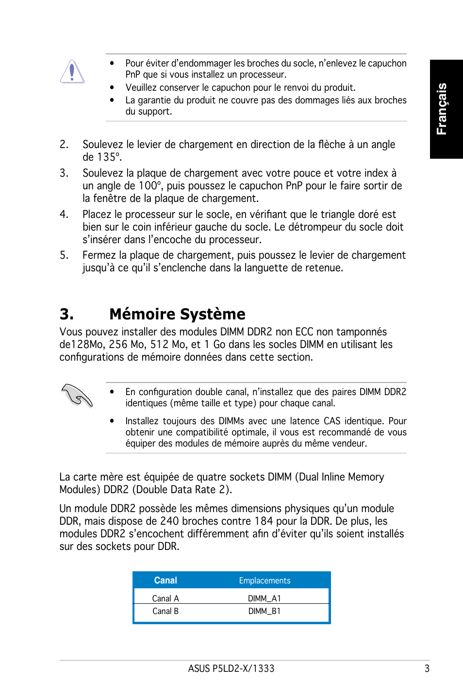 Mémoire système, Français | Asus P5LD2-X/1333 User Manual | Page 3 / 38