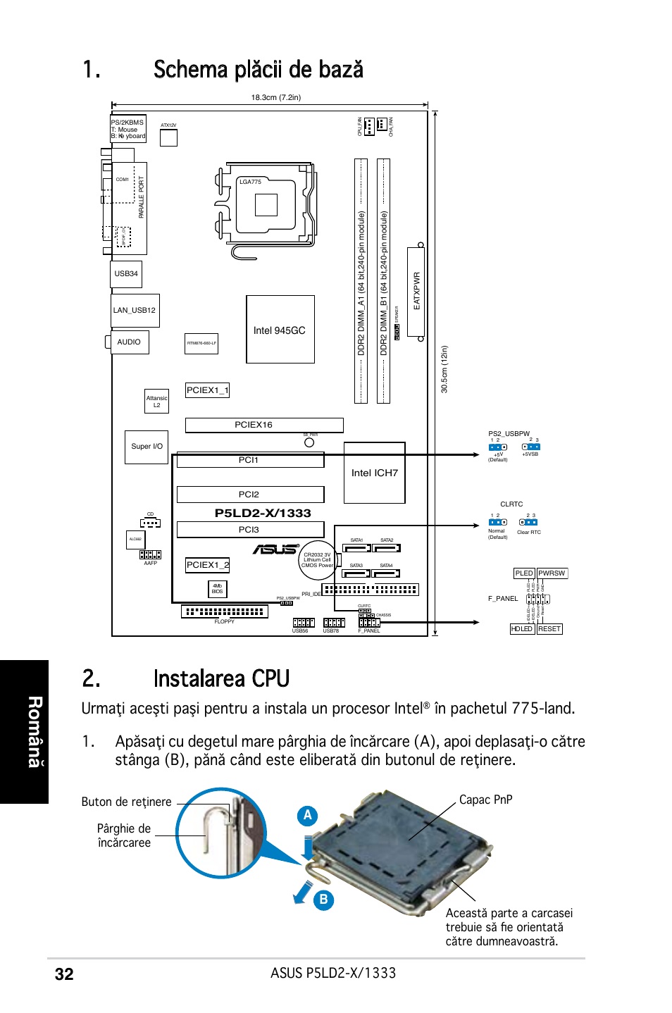 Schema plăcii de bază 2. instalarea cpu, Română, Ab b | Intel 945gc | Asus P5LD2-X/1333 User Manual | Page 32 / 38