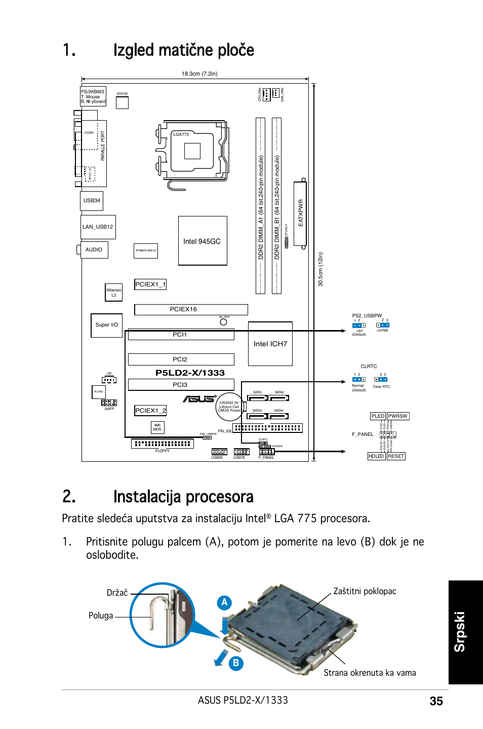 Izgled matične ploče 2. instalacija procesora, Srpski, Pratite sledeća uputstva za instalaciju intel | Ab b, Intel 945gc | Asus P5LD2-X/1333 User Manual | Page 35 / 38