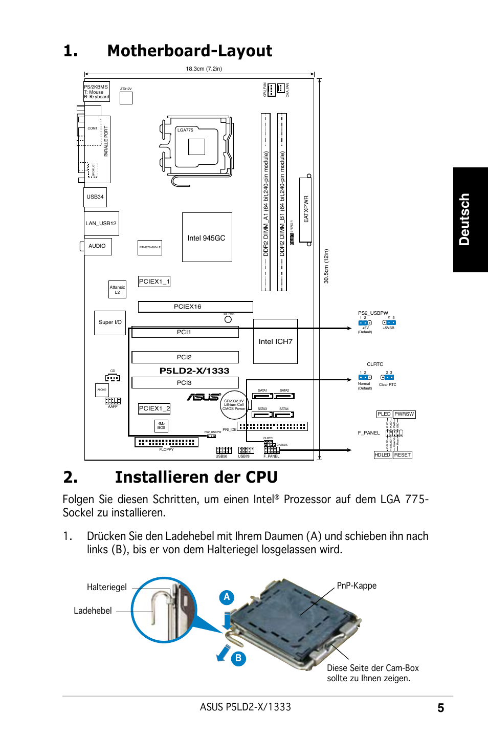 Motherboard-layout 2. installieren der cpu, Deutsch, Folgen sie diesen schritten, um einen intel | Ab b, Intel 945gc | Asus P5LD2-X/1333 User Manual | Page 5 / 38