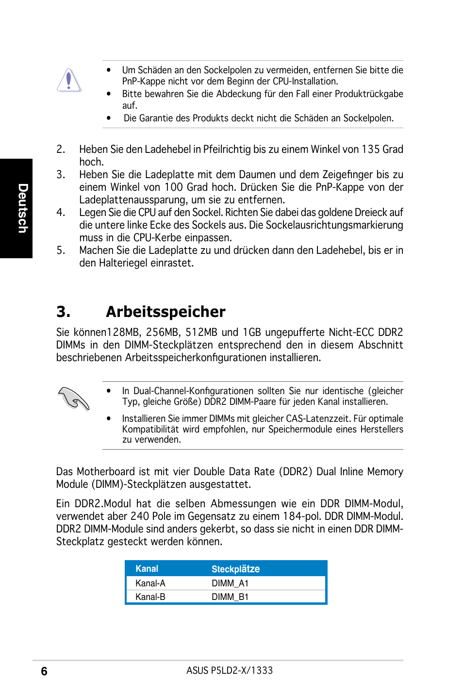 Arbeitsspeicher, Deutsch | Asus P5LD2-X/1333 User Manual | Page 6 / 38