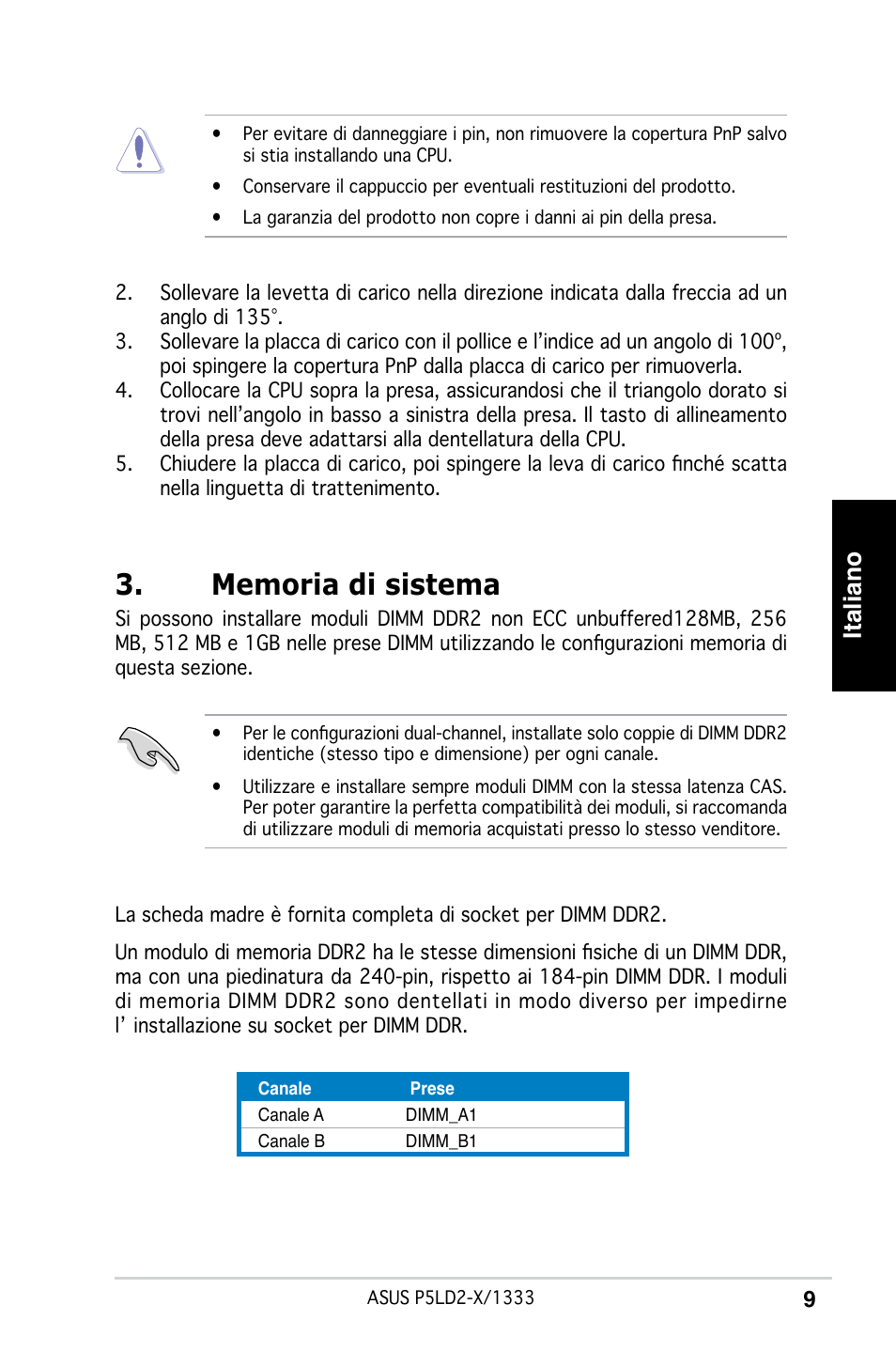Italiano | Asus P5LD2-X/1333 User Manual | Page 9 / 38