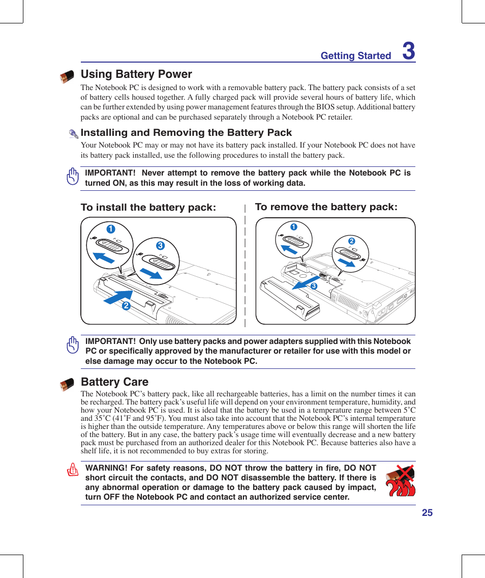 Using battery power, Battery care | Asus M51A User Manual | Page 25 / 89