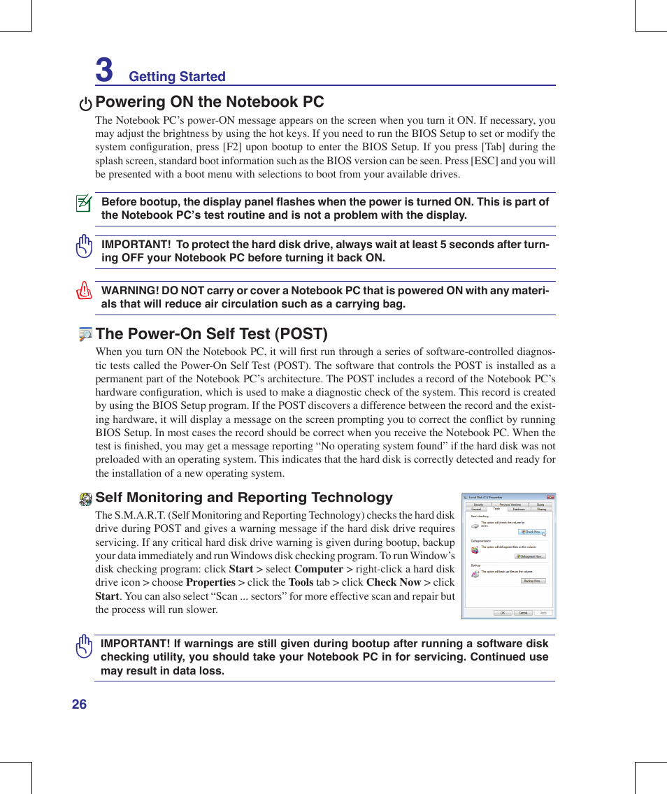 Powering on the notebook pc, The power-on self test (post) | Asus M51A User Manual | Page 26 / 89