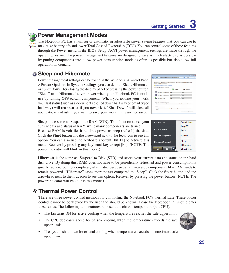Power management modes, Sleep and hibernate, Thermal power control | Asus M51A User Manual | Page 29 / 89
