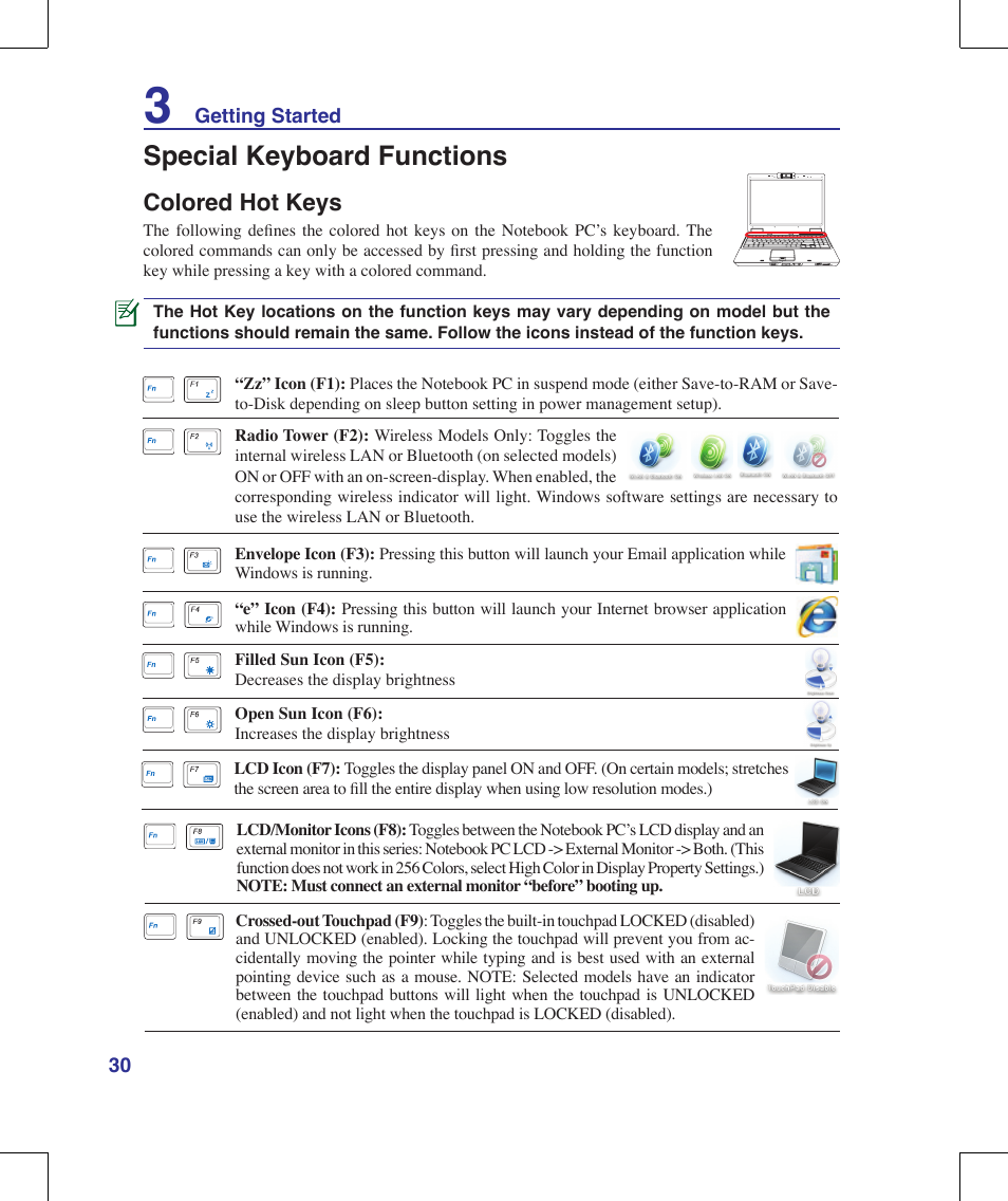 Special keyboard functions, Colored hot keys | Asus M51A User Manual | Page 30 / 89