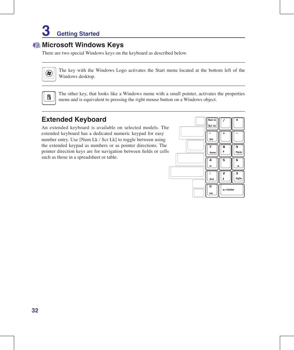 Microsoft windows keys, Extended keyboard | Asus M51A User Manual | Page 32 / 89