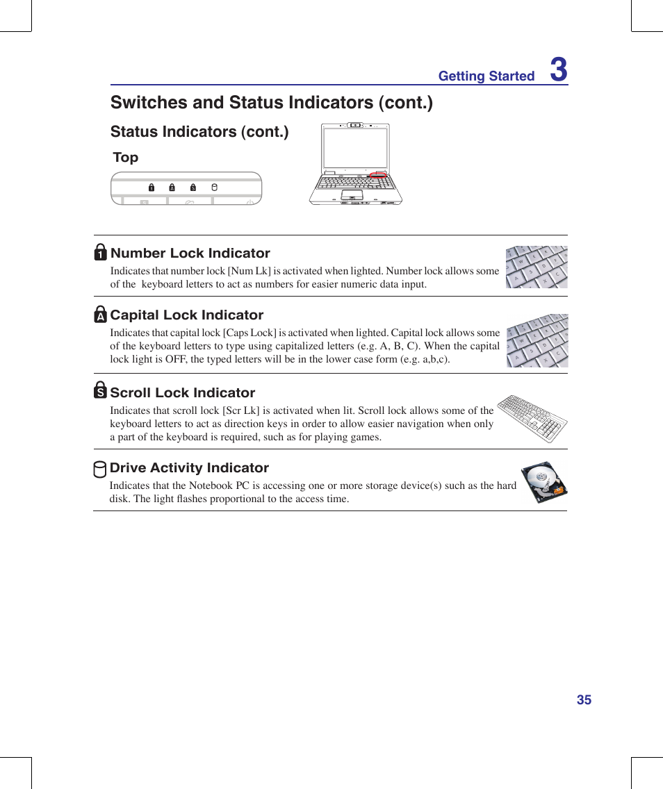 Switches and status indicators (cont.) | Asus M51A User Manual | Page 35 / 89