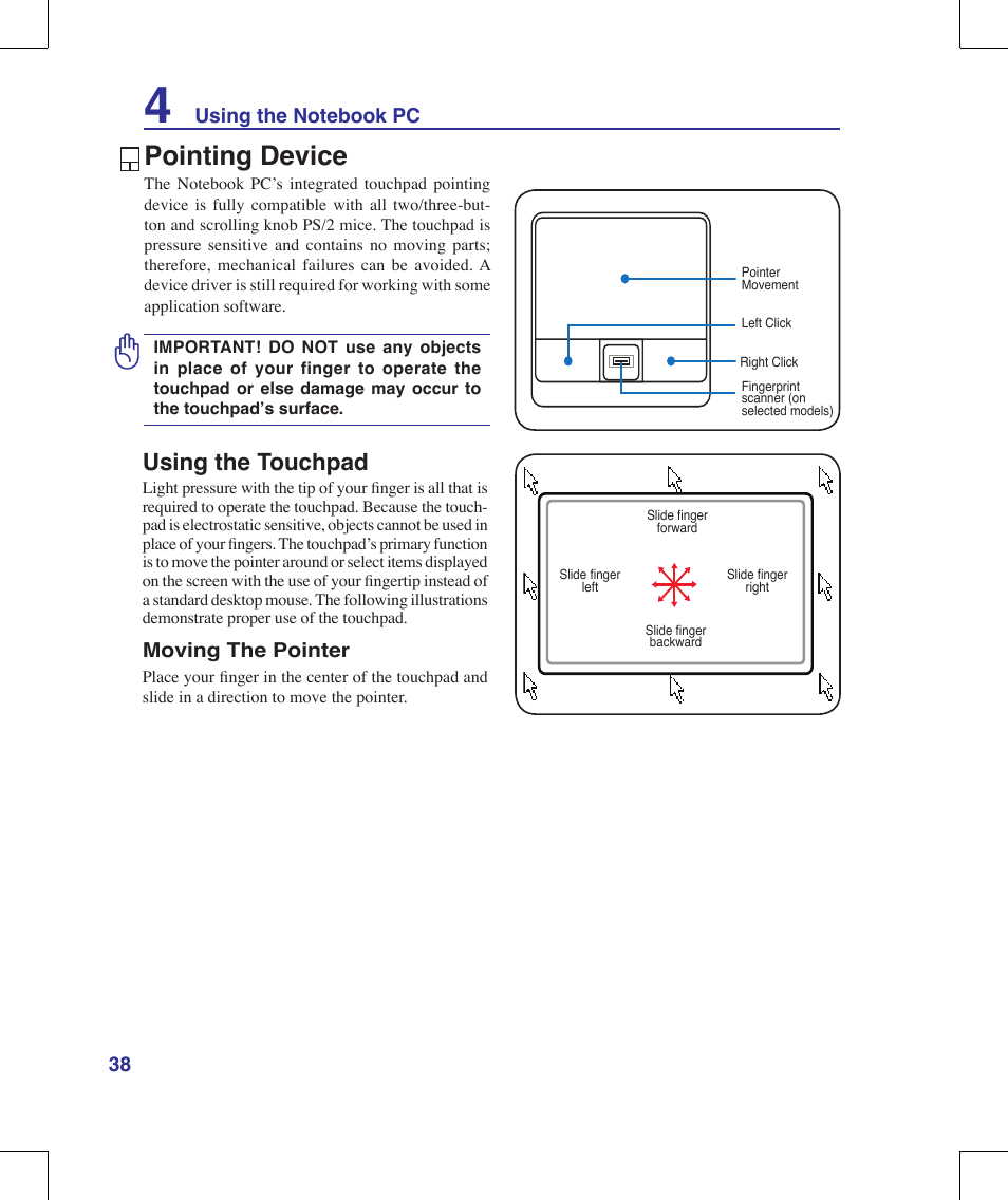 Pointing device, Using the touchpad | Asus M51A User Manual | Page 38 / 89