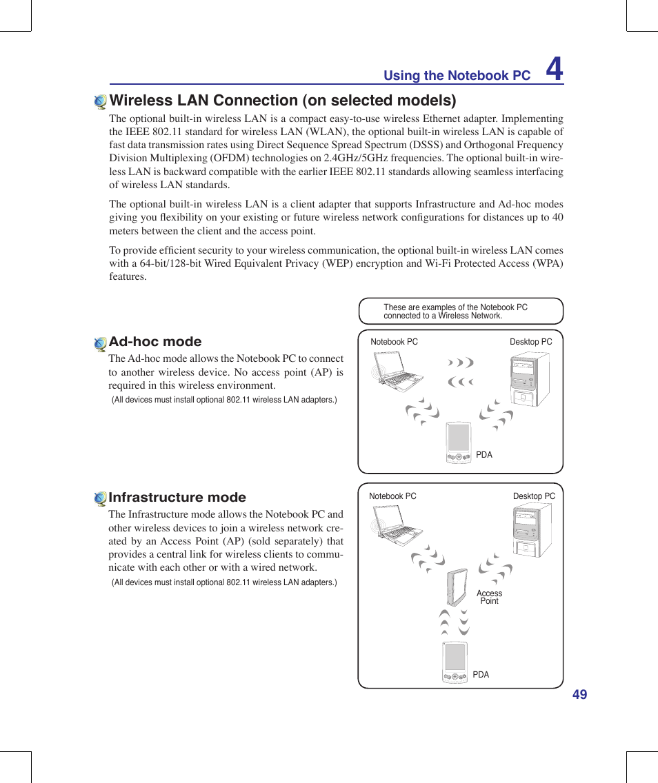 Wireless lan connection (on selected models) | Asus M51A User Manual | Page 49 / 89