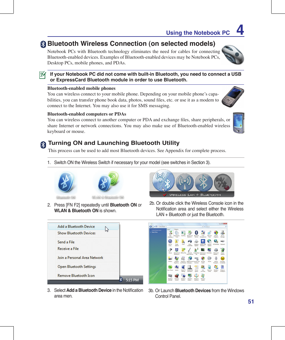 Bluetooth wireless connection (on selected models) | Asus M51A User Manual | Page 51 / 89