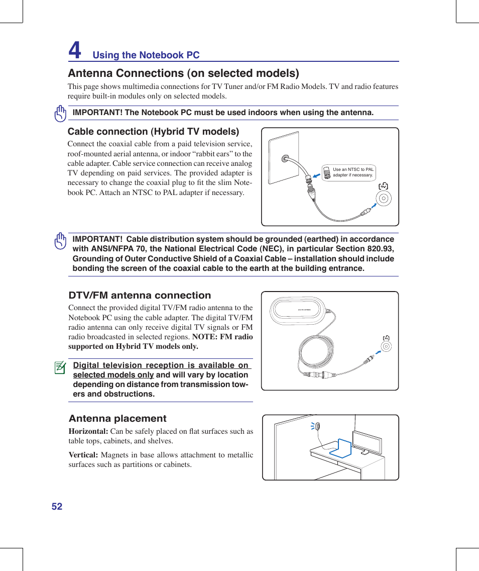 Antenna connections (on selected models) | Asus M51A User Manual | Page 52 / 89