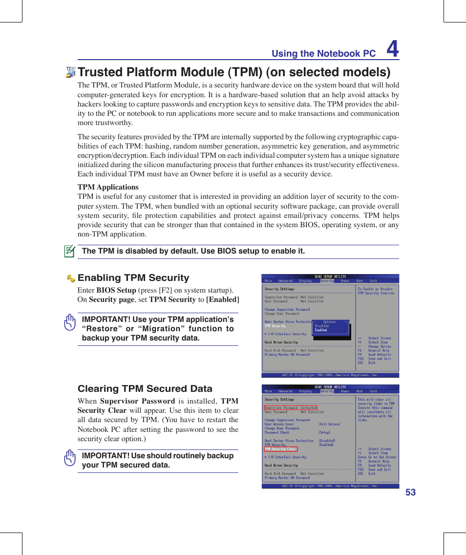 Trusted platform module (tpm) (on selected models) | Asus M51A User Manual | Page 53 / 89