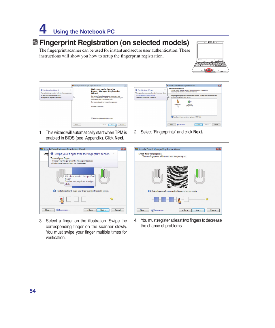 Fingerprint registration (on selected models) | Asus M51A User Manual | Page 54 / 89