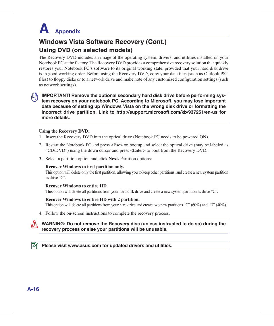 Windows vista software recovery (cont.) | Asus M51A User Manual | Page 72 / 89