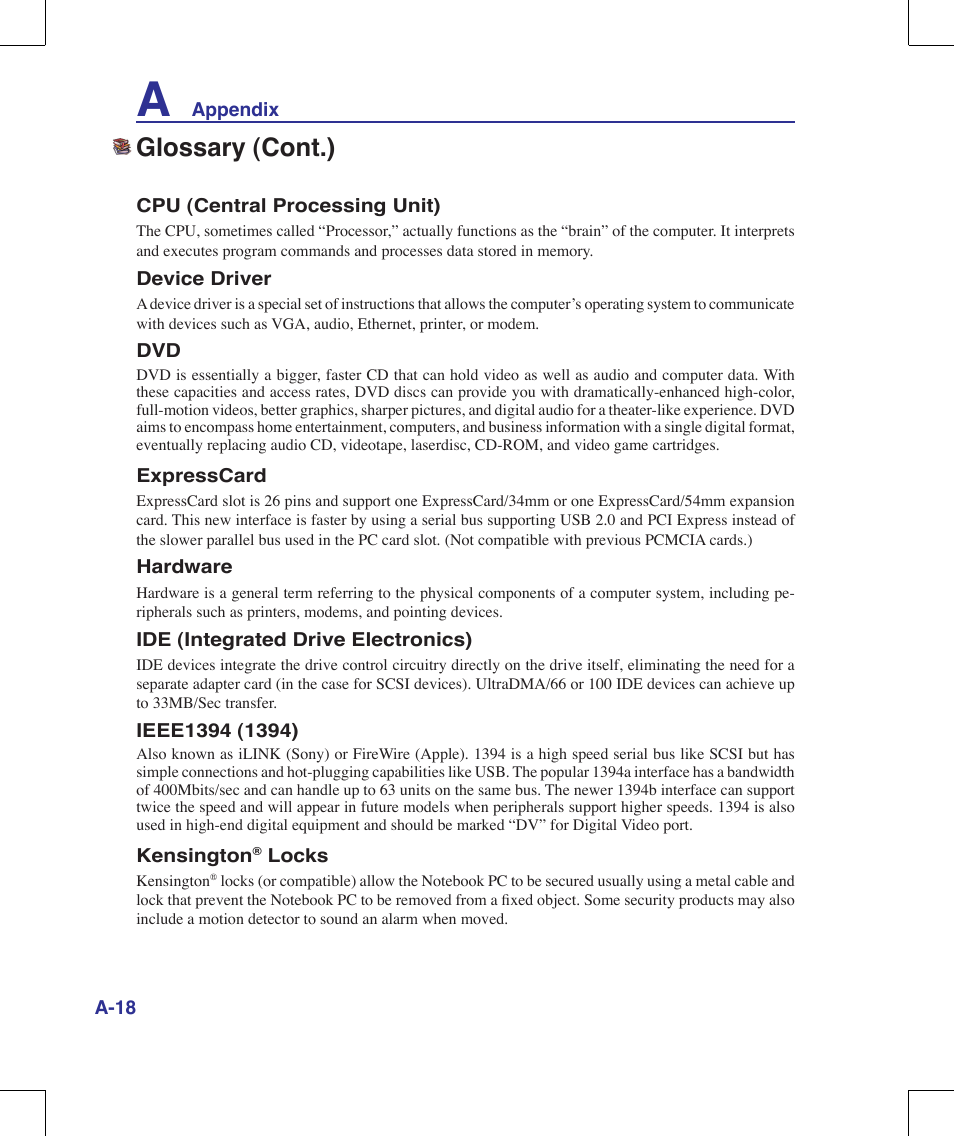 Glossary (cont.) | Asus M51A User Manual | Page 74 / 89