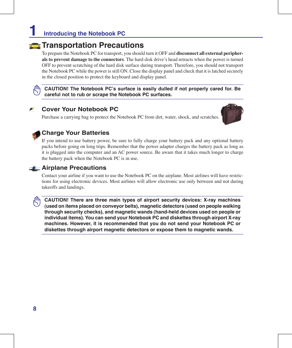 Transportation precautions | Asus M51A User Manual | Page 8 / 89