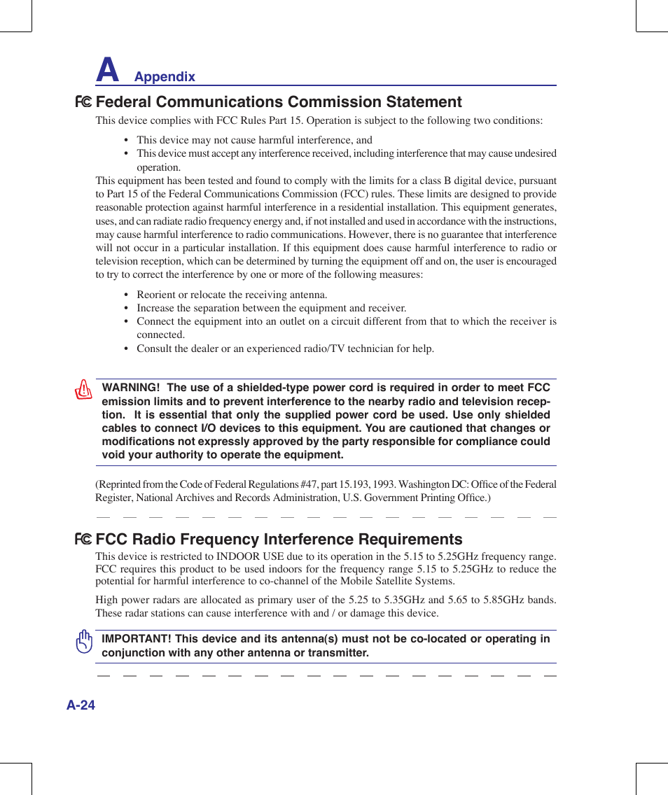 Federal communications commission statement, Fcc radio frequency interference requirements | Asus M51A User Manual | Page 80 / 89