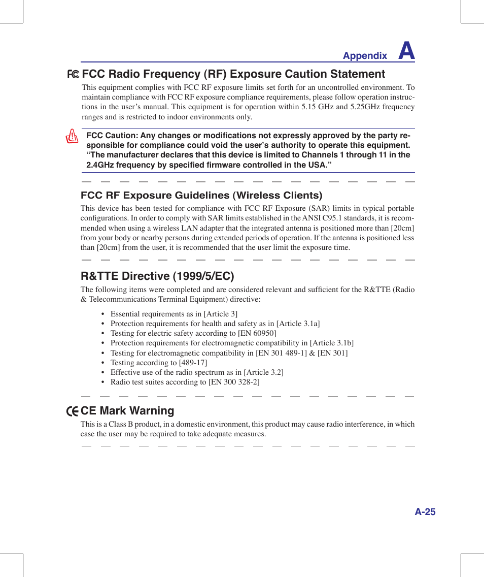 R&tte directive (1//ec), Ce mark warning | Asus M51A User Manual | Page 81 / 89