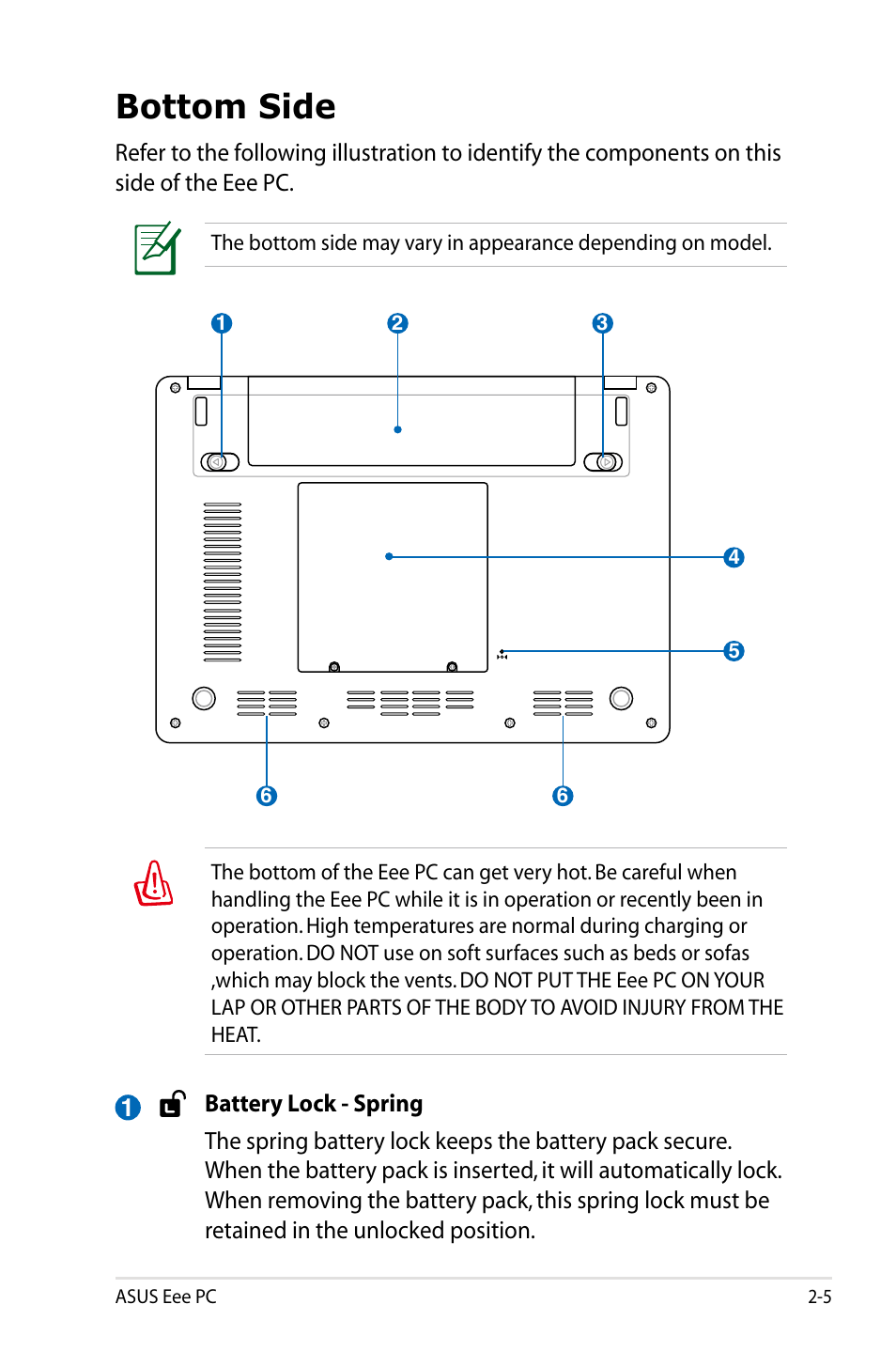 Bottom side | Asus Eee PC 900/XP User Manual | Page 15 / 92