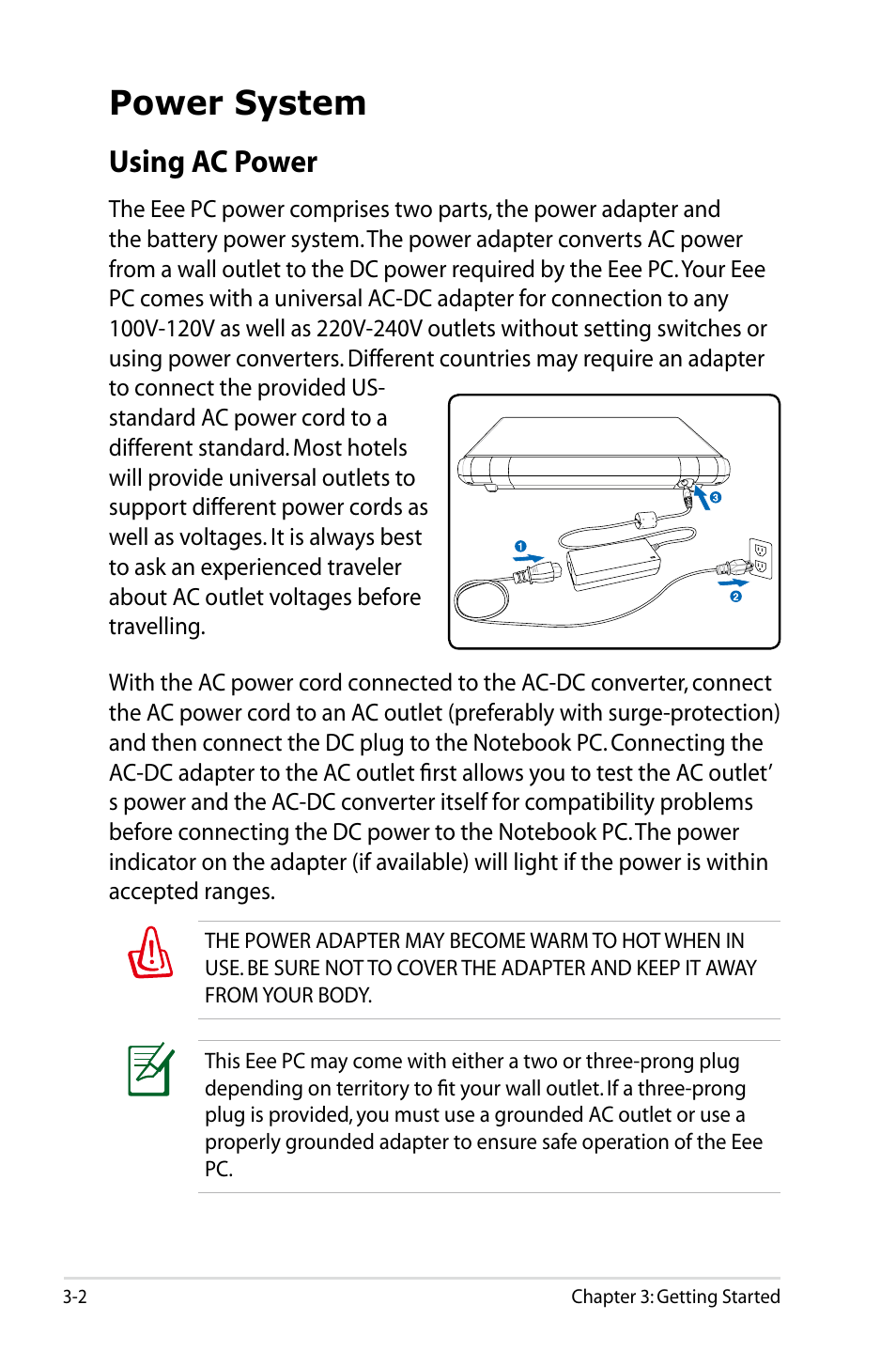 Power system, Using ac power | Asus Eee PC 900/XP User Manual | Page 22 / 92
