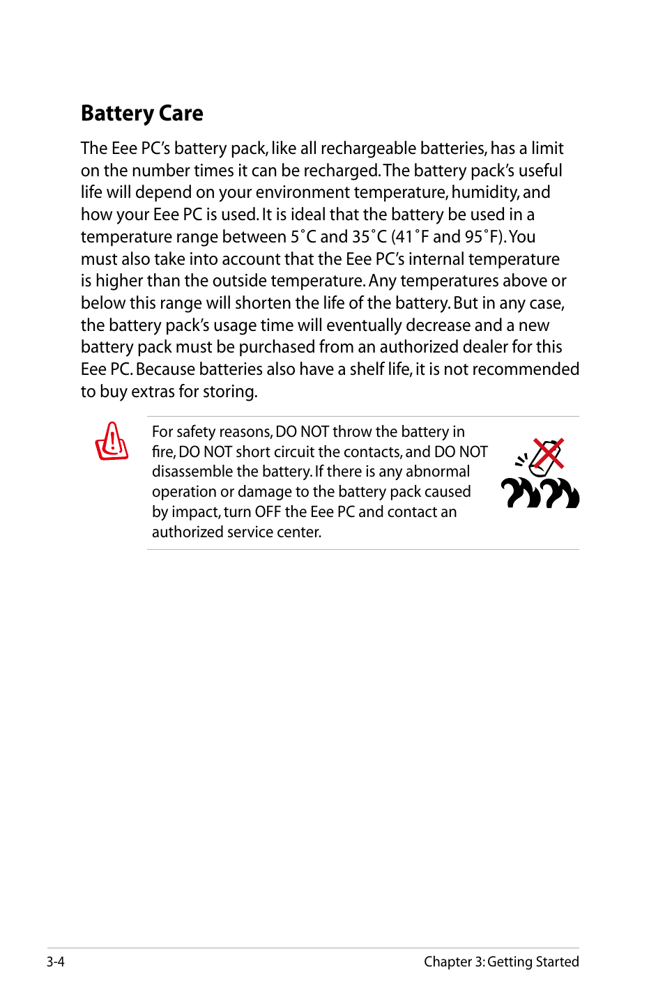 Battery care | Asus Eee PC 900/XP User Manual | Page 24 / 92