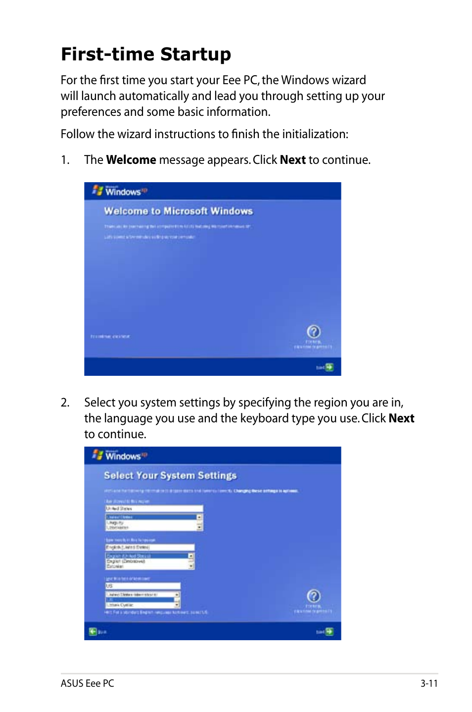 First-time startup | Asus Eee PC 900/XP User Manual | Page 31 / 92