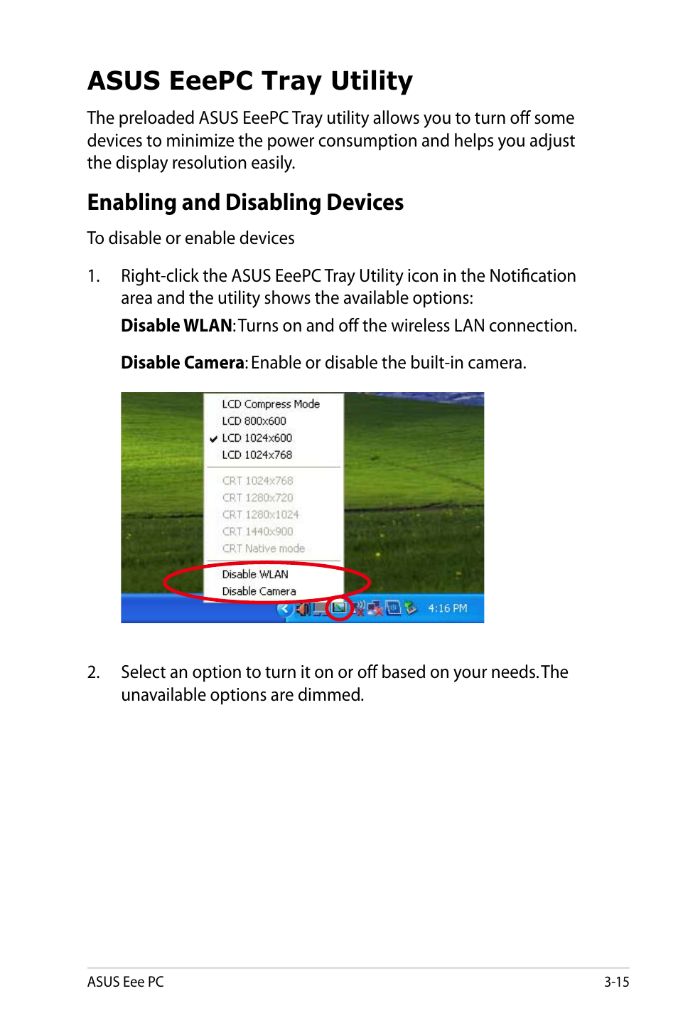 Asus eeepc tray utility, Enabling and disabling devices | Asus Eee PC 900/XP User Manual | Page 35 / 92