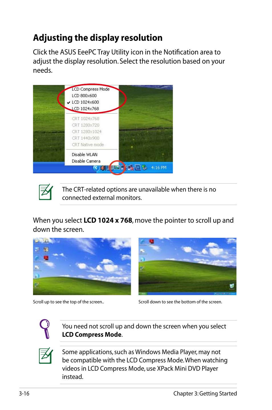 Adjusting the display resolution | Asus Eee PC 900/XP User Manual | Page 36 / 92