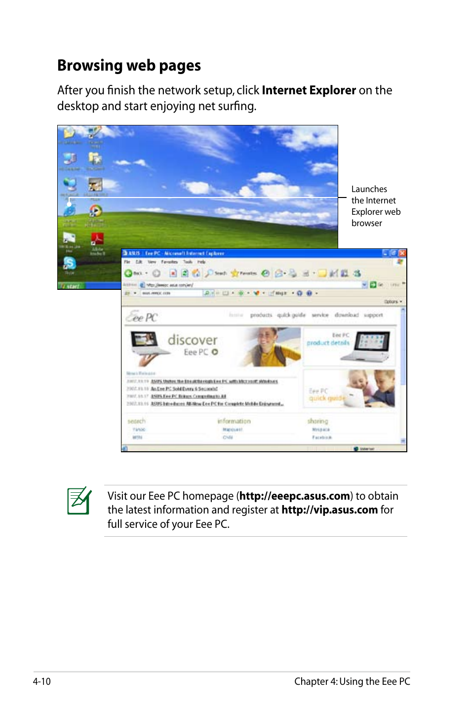 Browsing web pages | Asus Eee PC 900/XP User Manual | Page 48 / 92